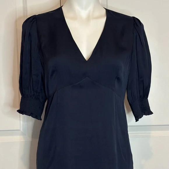 Quince Navy Blue Washable Silk V-neck Puff Short Sleeve Mini Dress S - Picture 3 of 12